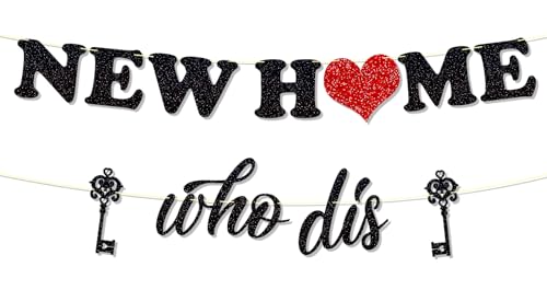 Ushinemi Bannière à paillettes « New Home Who Dis », décorations amusantes pour pendaison de crémaillère pour nouvelle maison, décoration de fête, panneau de chapitre