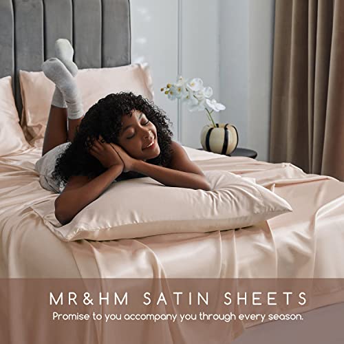 Image of MR&HM Satin Bed Sheets, Full Size Sheets Set, 4 Pcs Silky Bedding Set with 15 Inches Deep Pocket for Mattress (Full, Champagne)