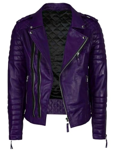 Men's Genuine Lambskin Leather Purple Biker Jacket Quilted Motorcycle Jacket Custom Made