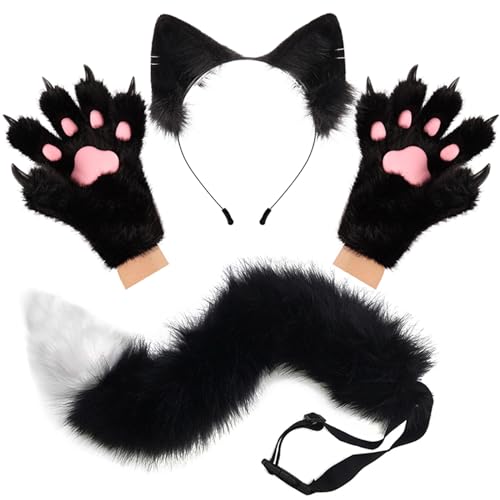 hbbhml Flauschige Ohren Schwanz und Katzenpfoten Handschuhe Set Kostümzubehör für Halloween Weihnachten Karneval und Partys hbbhml Flauschige Ohren Schwanz und Katzenpfoten Handschuhe Set Kostümzubehör für Halloween Weihnachten Karneval und Partys
