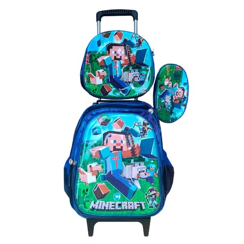 Kit Mochila em 3D Infantil com Rodinhas Personagem Craft + Lancheira Térmica + Estojo Menino em Alto Relevo