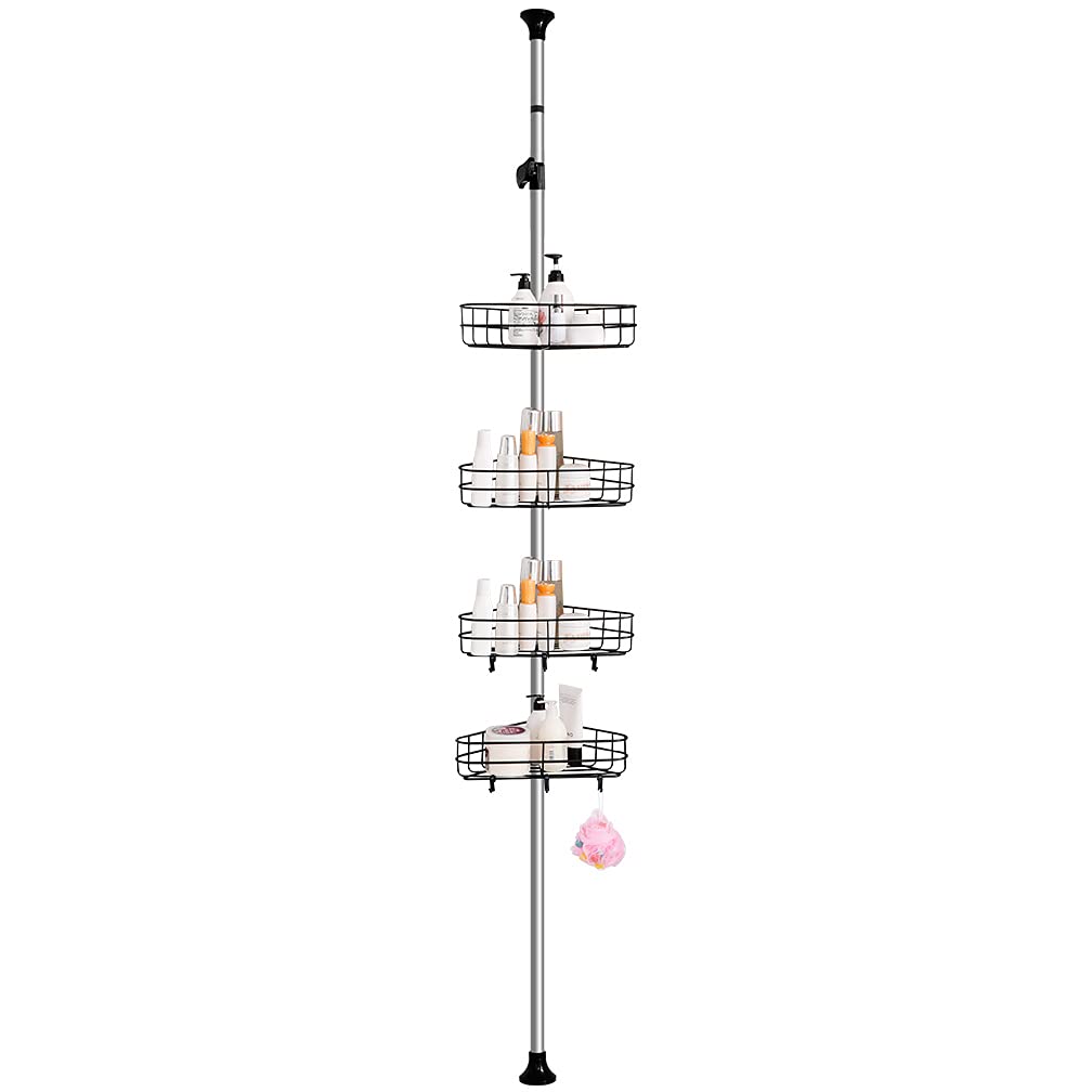 Hershii Shower Caddy Tension Pole Corner Bathroom Storage Shelf Organizer Bathtub Shampoo Holder Rack Adjustable Metal Rod Space