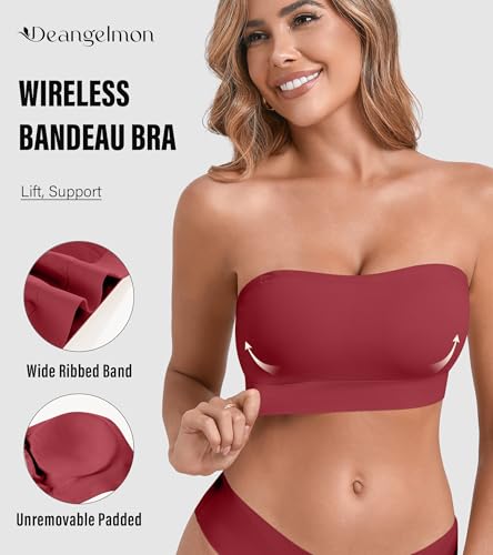 Image of DEANGELMON Strapless Bras for Women Wireless Push Up Non-Slip Bandeau Bra Seamless Clear Straps TubeTop Padded Bralette