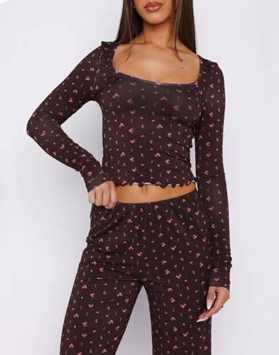 Dressmine Womens Casual Pajamas Set 2 Piece PJs Sexy Long Sleeve Cropped Tops Lounge Outfits 2025 Fall Pants Clothing Sets2