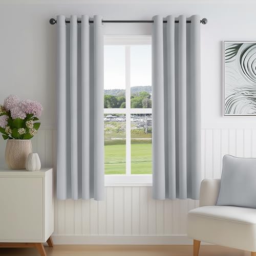 Image of FMFUNCTEX 100% Blackout Curtains for Bedroom, Light Grey Curtains 54 Inches Long Textured Thermal Insulated Curtains for Living Room Drapes, Black Out Drapery Grommet Room Darkening 2 Panels
