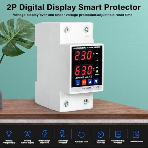 Candeon Spannungsschutz Hutschiene, Einstellbarer Überspannungsschutz Unterspannungsschutz Überstromschutz mit Doppeldisplay 2P 63A 230V