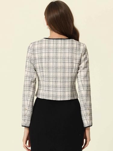 Allegra K Tweed Jacket for Women's Long Sleeve Casual Work Office Plaid Short Outwear3