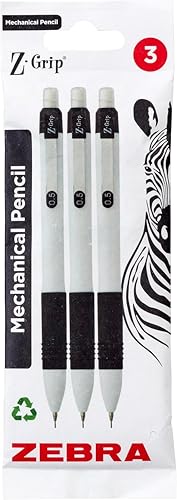 Zebra Pen Z-Grip Mechanical Pencils - Fine Tip Refillable Retractable Pencil with Eraser and Comfort Grip - 0.5mm White Barrel 3 Pack