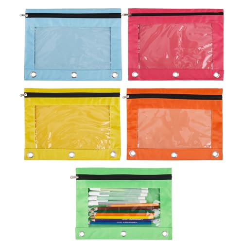 CRASPIRE 5Pcs 5 Colors Zippered Pencil Pouches for 3 Ring Oxford Cloth Pen Bags Cases Pouch Box Cosmetic Bags with Clear Window for Pencil Storing School Teacher Supplies Stationery