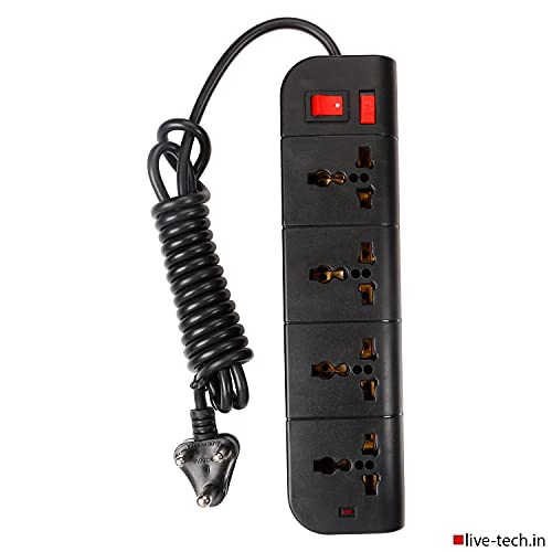 Image of Live Tech PS07 4 Socket Brass Rust Free, 6ft Extension Cord 3 Pin Plug Spike Guard Power Strip Wall Mount (Black)