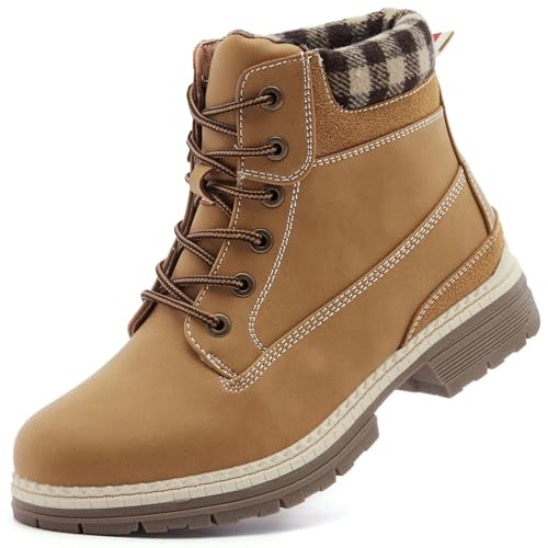 COTTIMO Snow Hiking Winter Boots for Women - Casual Brown Combat Work Boot - Non-slip Fur-Lined Ankle Boots - Fashion Boots Waterproof Leather Shoes Size 7.5