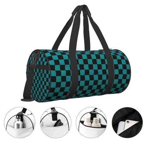 Large Duffle Bag for Travel - Black And Teal Checkerboard Gym Bag for Women Men, Foldable Travel Bags for Women Men with Zippered Multiple Pockets4