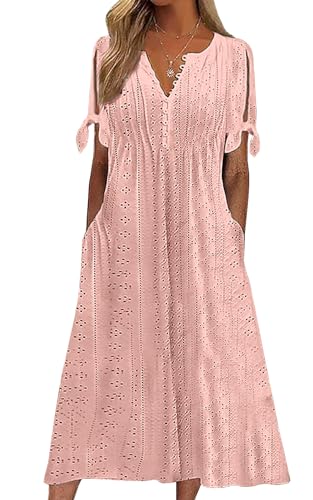 CheChury Vestido Largos Verano Mujer Rosa Viejo Talle S Manga Corta Cuello en V Vestido Boho Casual Maxi Playa Fiesta con Bolsillos