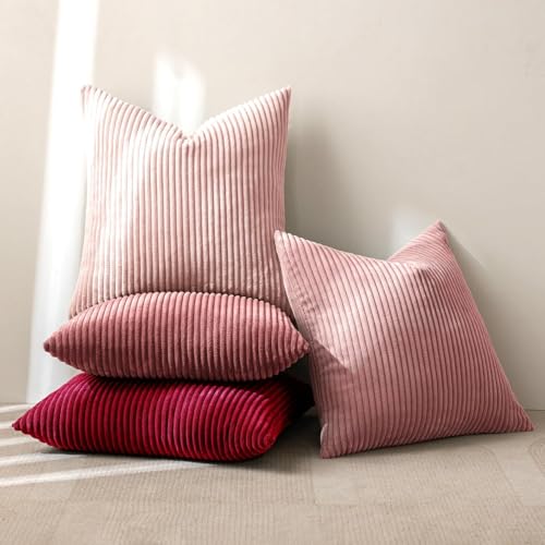 Image of MIULEE Boho Farmhouse Throw Pillow Covers 20x20 Inch Set of 4 Romantic Decorative Cushion Covers Spring Corduroy Home Decor for Feminine Valentines Couch Bed Sofa Living Room Aesthetic Pink