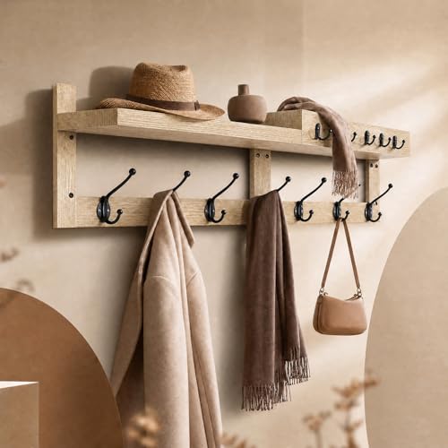 Soontrans Porte Manteau Mural 80×23.5×11.5 CM, Patere Murale Bois Résistant à L’humidité avec 8 Grands Crochets et 4 Mini-crochets, Porte Manteau Mural...