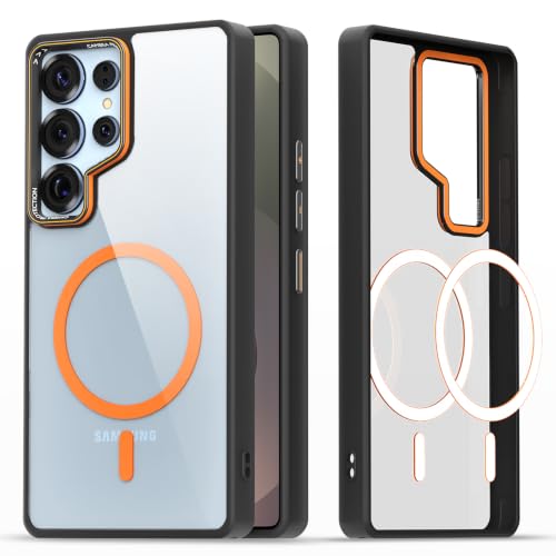 Image of Pikkme Back Cover for Samsung Galaxy S25 Ultra 5G | Shockproof | Mag-Safe Compatible | Hard Transparent Back | Premium Raised Camera Protection | Bumper Case (Black & Orange Mag-Safe)