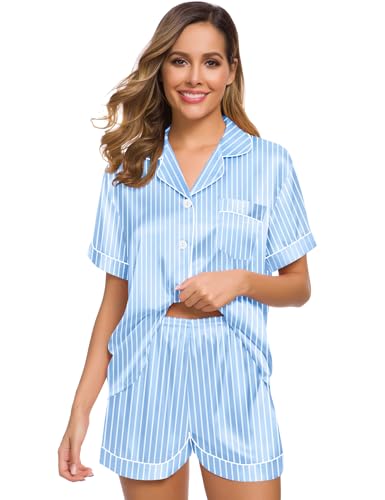 Image of SWOMOG Womens Silk Satin Pajamas Set Short Sleeve Sleepwear Button Down Top and Shorts Loungewear 2 Piece Pjs Set XS-3XL Striped Blue X-Large