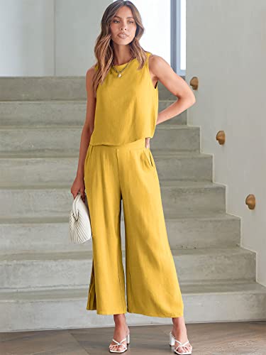 Image of ANRABESS Women's Summer 2 Piece Outfits Sleeveless Tank Crop Button Back Top Cropped Wide Leg Pants Set Pockets