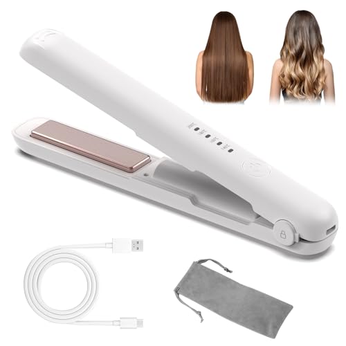 HUIJUTCHEN Cordless Hair Straightener, Mini Travel Flat Portable Wireless Rechargeable 2 in 1 Straightener and Curler Styling Tools Quick Heat Up & 4 Temp Adjustable Present for Women Christmas(White)