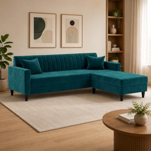 Image of FURNY Avvono 4 Seater L Shape Sofa Set with Movable Ottoman | Flexible Left or Right Layout | Plush Velvet Fabric (Greenish Teal) | Perfect for Living Room, Guest Room & Office