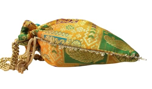 Image of MILAN'S CREATION Potli Banarasi Silk Brocade Bag Purse Drawstring Women's handbag with Pearl Handle & Tassel Weddings