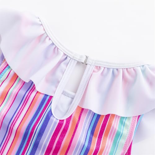 LIZENS Girls' One Piece Ruffle Trim Swimwear Rainbow Striped Swimsuit for Kids Children 2-12 Years4