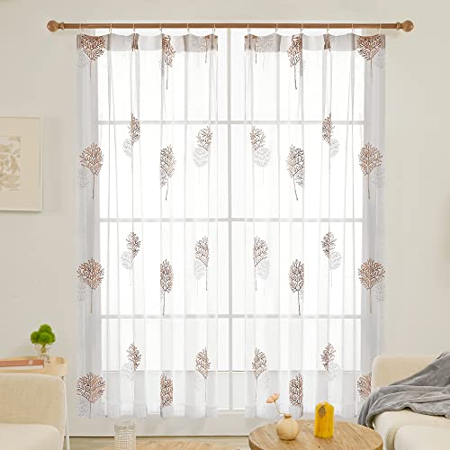 Deconovo レースカーテン UVカット 外から見えない 幅100x丈108cm 2枚組 ブラウンホワイト 木柄 おしゃれ 断熱 保温 猛暑対策 透けない 柔い 北欧