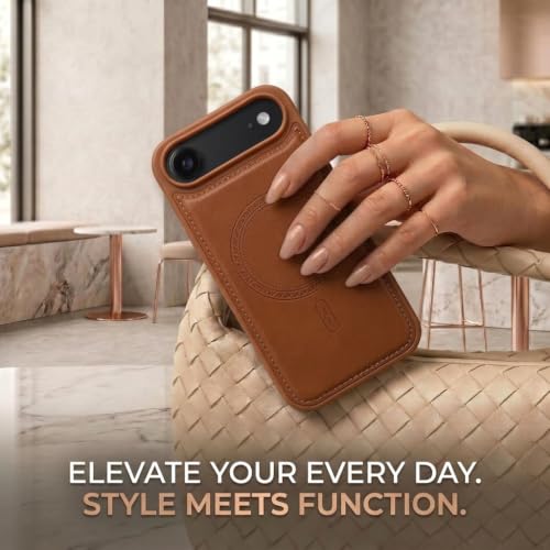 Image of amazon basics Premium PU Leather Case for iPhone 17 Air, MagSafe Compatible Magnetic Ring, Sleek Protective Back Cover - [Tan]