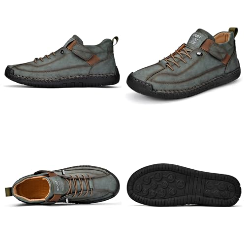 Image of Men'S Hand Stitching Leather Chukka Ankle Boots with Adjustable Elastic Band Casual Slip-On Non-Slip Walking Loafers Retro High Top Flat Shoes