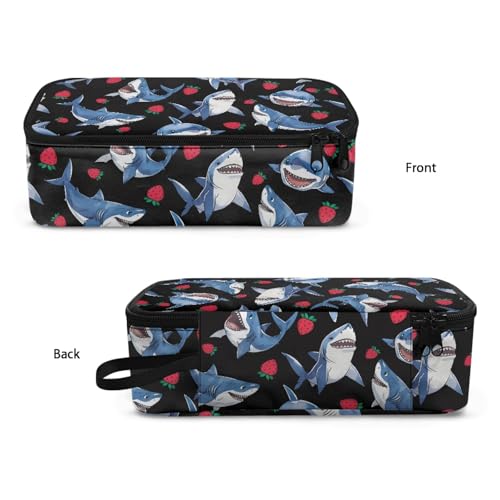 Image of Kids Pencil Case Shark Strawberries Pencil Pouch Large Storage,Black Pencil Bag for Boys Girls Lightweight Pencil Container for Preschool Elementary Children Pencil Box for Daily Study