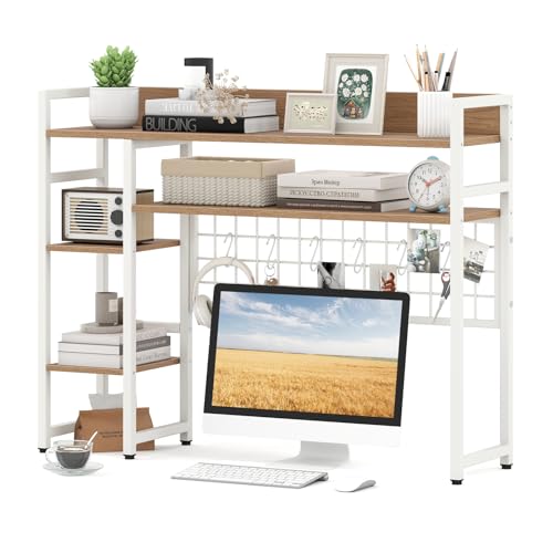 Image of Tangkula Desktop Bookshelf for Computer Monitor Up to 32 inch, Countertop Storage Hutch with 4 Open Storage Shelves, Grid Panel, Anti-tip Device, 4-Tier Desktop Display Shelves for Home Office (Natural)