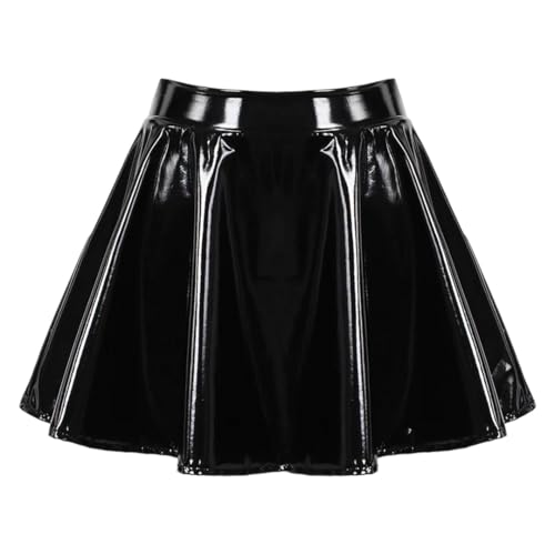 Mini jupe évasée plissée en cuir verni brillant pour femme