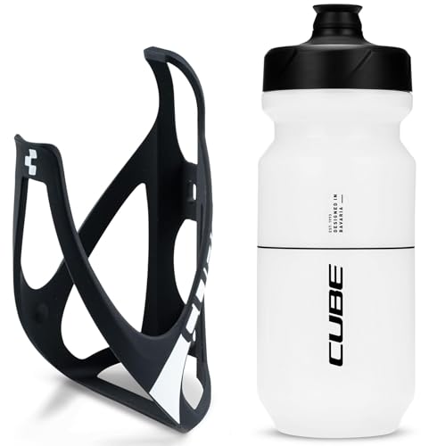 Cube HPP Cage - Matt Black/White & Flow Bottle - Clear, 500ml / Lightweight Bicycle Cycling Cycle Bike MTB Mountain Road Water Drink Flask Bidon Bracket Mount Holder Carrier Kit Part Set Accessories