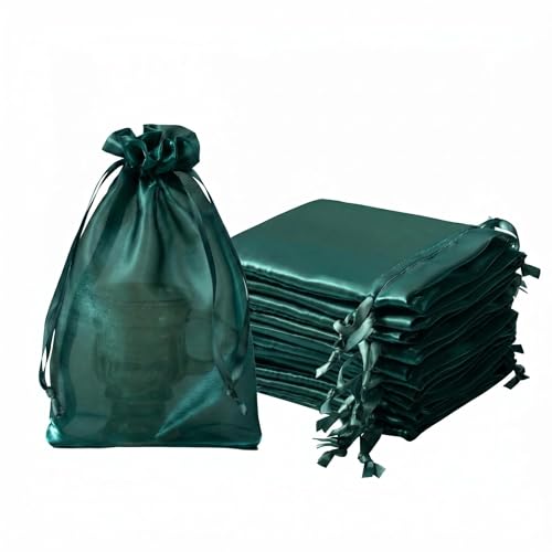 Image of QIANF 20 Pcs Forest Green Green Small Organza Bags 6X9 inch for Wedding Favors with Drawstring, Glossy Mesh Gift Bags Jewelry Pouch for Candy Bridal Shower Party Favor Baby Shower Christmas