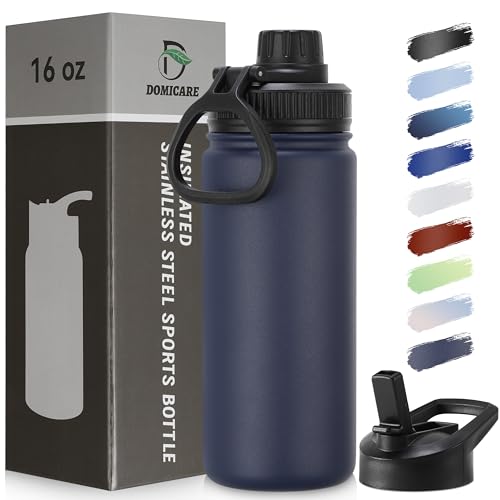 DOMICARE 16 oz Water Bottle Stainless Steel Double Wall Vacuum Insulated Water Bottle with Straw lids & Spout Lid, Leakproof