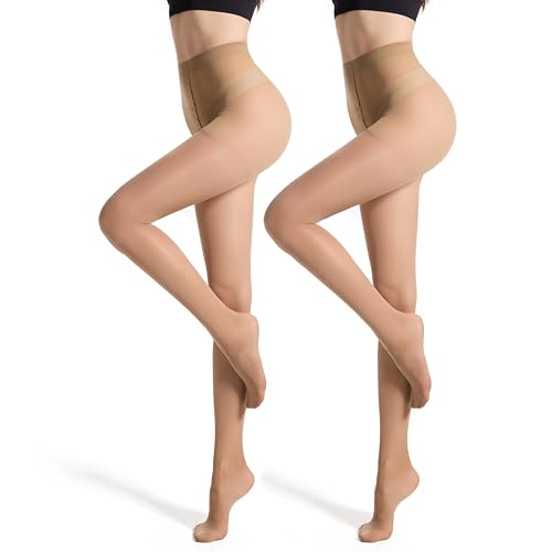 Frola 2 Pairs Semi Opaque Tights for Women - 40 Denier Microfiber Control Top Footed Pantyhose