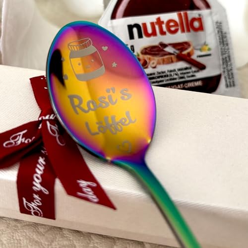 Personalisierter Edelstahl-Löffel mit Lasergravur Regenbogenfarben Geschenkset mit Nutella Mini individuelle Beschriftung auf Löffel und Griff