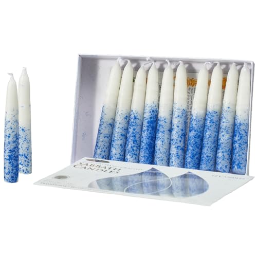 Rite Lite Blue & White Shabbat Candles Premium 12 Pack Traditional Dinner Table Jewish Household Shabbos Candles Religious Home Decor with Beautiful Gift Box & Artistic Card