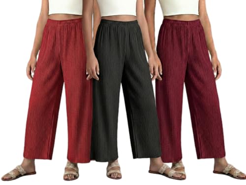 Image of Set of Combo Trouser and Pants for Girls and Women's Relaxed Fit Stretchable Regular Fit Palazzos Lightweight Elastic Waistband Bottoms for Daliy Office & Casual Wear