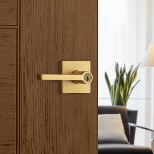 Image of Kwikset Halifax Entry Door Handle with Lock and Key, Secure Keyed Reversible Lever Exterior, for Front Entrance and Bedrooms, Satin Brass, 4 Pack, Pick Resistant SmartKey Rekey Security