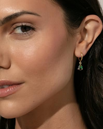 14K Gold Plated Birthstone Hoop Earrings for Women Hypoallergenic Dainty Small Diamond Emerald Green Blue Cubic Zirconia Drop Huggie Earrings for Mom Women Jewelry Birthday Gifts3