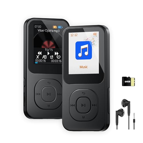 Reproductor de MP3 de 64GB con Bluetooth 5.3, Reproductor de Música Portátil con Altavoz, Radio FM, Grabadora de Voz, Mayor Duración de Batería, Transmisión Rápida, Apagado Programado, hasta 256GB