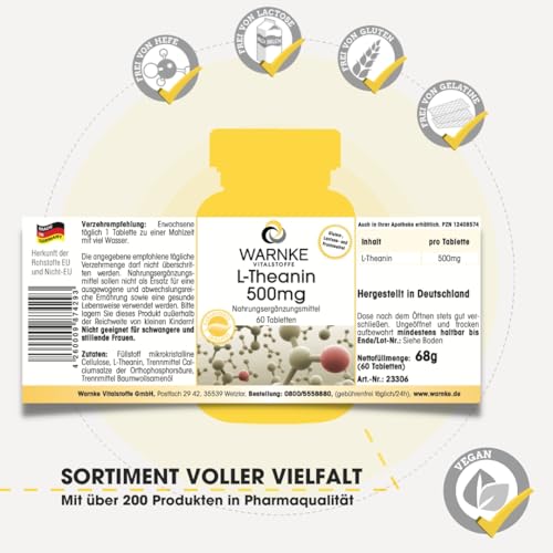 L-Theanin 500mg - 60 Tabletten - hochdosiert & vegan - Aminosäure | Warnke Vitalstoffe - Deutsche Apothekenqualität