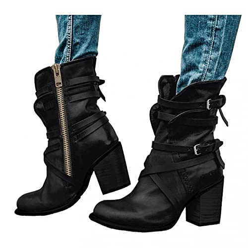 Binggong Damen Stiefeletten Biker Boots Stiefel mit Absatz Damen Klassische Stiefeletten Frauen Schuhe Blockabsatz Herbst Winter Bequeme Schuhe Schnallen Worker Boots Schnürstiefelette