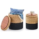 Wimarsbon Storage Pouf Ottoman, Hand Weaving Natural Straw Foot Stool, Bohemian Round Patio Ottomans, Rustic Lounge Pouffe, Outdoor Extra Seat for Garden (Nested Set-Black)