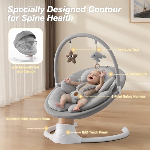 Image of Baby Swings for Infants, FasonBaby Electric Baby Swing with Music Speaker, 5 Speeds, Remote Control and Bluetooth - Portable Infant Swing for Indoor and Outdoor (Gray)