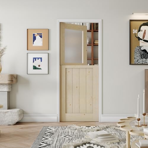 SOLRIG Puerta holandesa interior, 32 x 80 pulgadas, losa dividida de vidrio esmerilado de una sola puerta, puerta de armario de estilo moderno, madera de pino natural (no incluye bisagras de puerta)