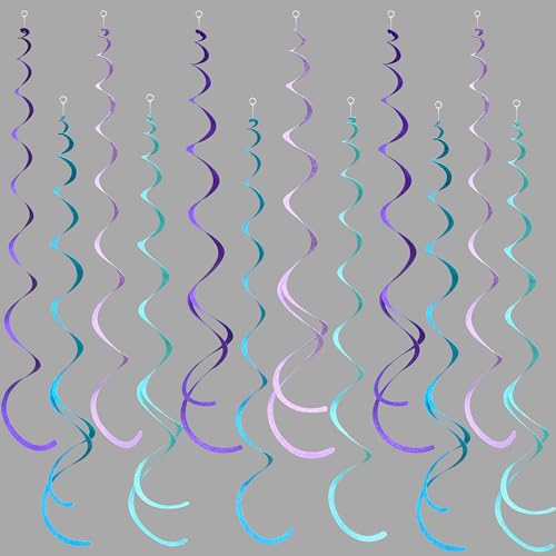 Image of 36 Pcs Mermaid Hanging Swirl Decorations Teal Purple Felt Swirl Streamer Spiral Ceiling Decorations Garland for Little Mermaid Under The Sea Birthday Wedding Bridal Shower Party Supplies