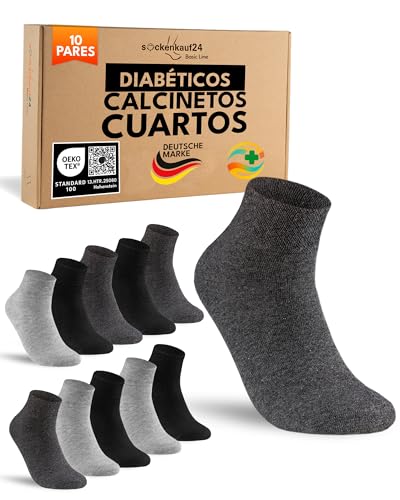 sockenkauf24 10 Pares Calcetines Diabéticos Cortos Hombre Mujer sin Elástico y sin Costuras con Cintura de Confort Algodón Negro Gris 39-42