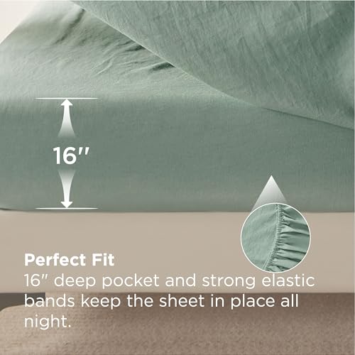 Bedsure Linen Sheets - King Size Sheets, Blend from Linen Cotton Bedsheets, Breathable Cotton Bedsheets, Gifts for All Seasons, 4 Pieces, Green